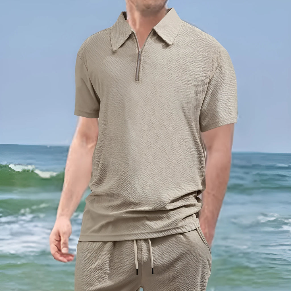 Men's loose zippered short sleeve casual shirt in navy blue with polyester fabric