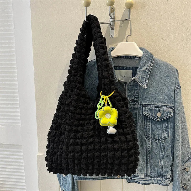 Women's pleated bubble handbag in five colour options with three-dimensional pockets