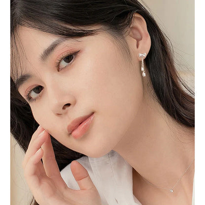 Pure silver bow eardrops with sweet tassel bone stud, Korean style