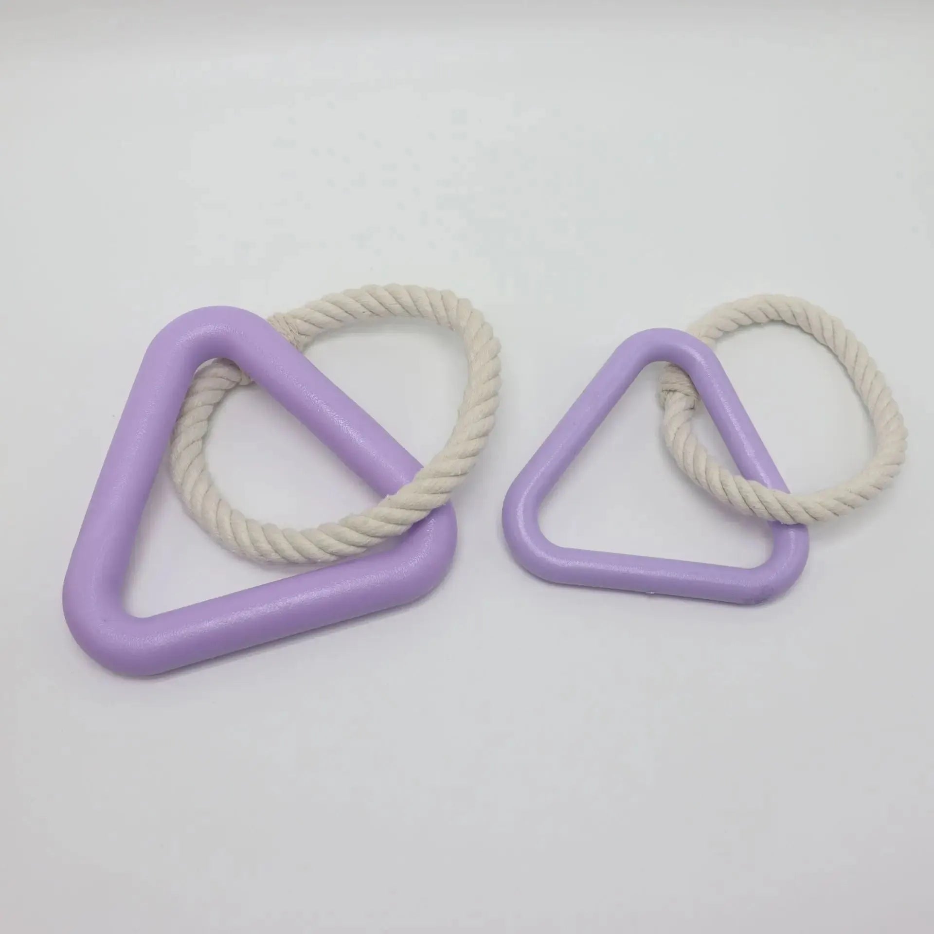Large triangular braided cotton rope dog pull ring toy in beige, pink, or purple.
