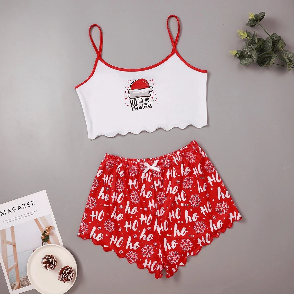 Women's Christmas-themed milk silk pajamas set with sleeveless top and shorts