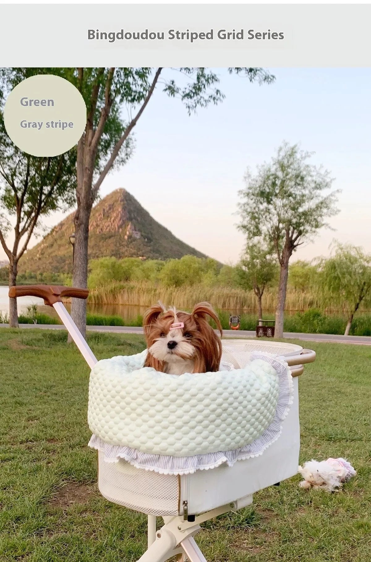 Cotton pet stroller pad set showing anti-dirty towel, cushion and pillow components