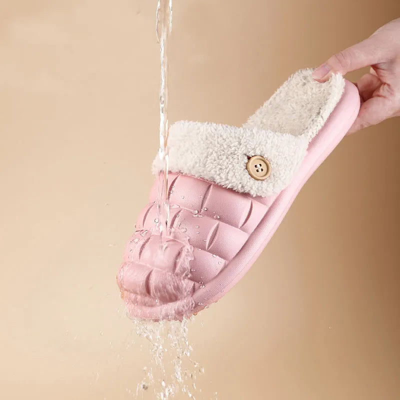Plaid detachable EVA slippers with non-slip soles and plush lining in pink, green, yellow, white, grey, and black.