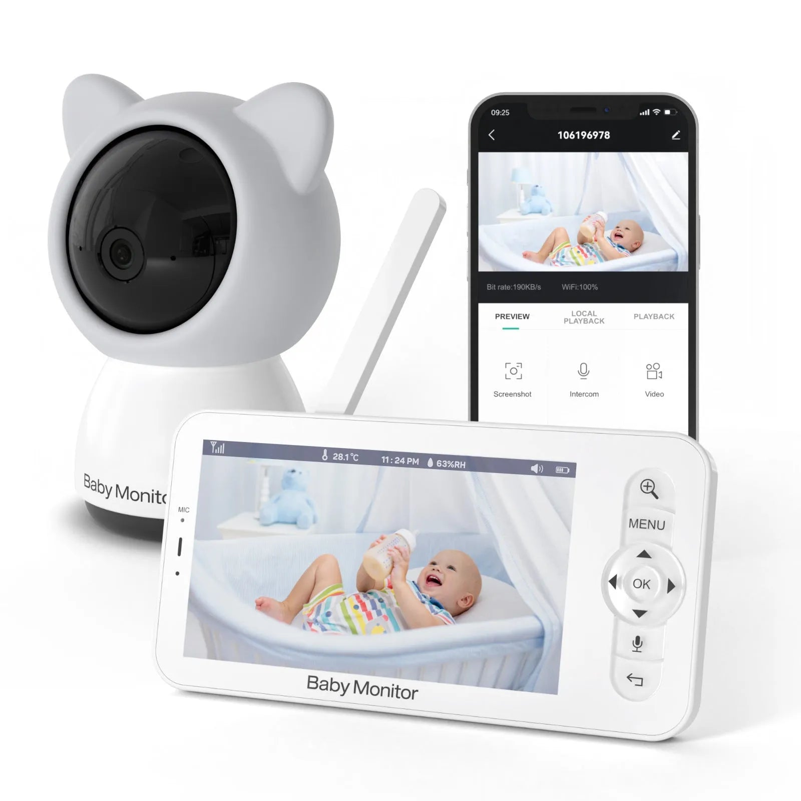 5-inch 1080p baby monitor with pan tilt camera, night vision, and 3000mAh battery