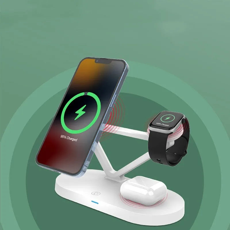Black 3-in-1 wireless charging station for phone, Apple Watch and Airpods on a desk