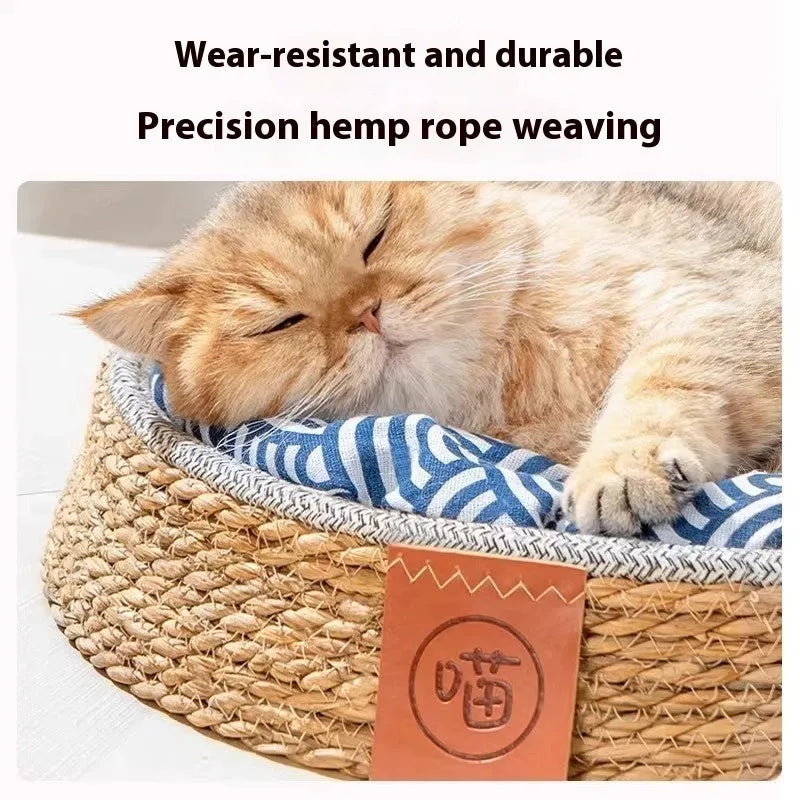 A woven rattan cat nest bed cage shown in size L, suitable for medium to large cats.