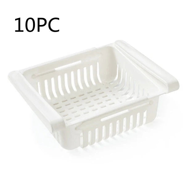 Stretchable refrigerator storage basket in white, blue, pink, and apricot colours