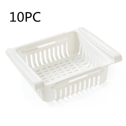 Stretchable refrigerator storage basket in white, blue, pink, and apricot colours