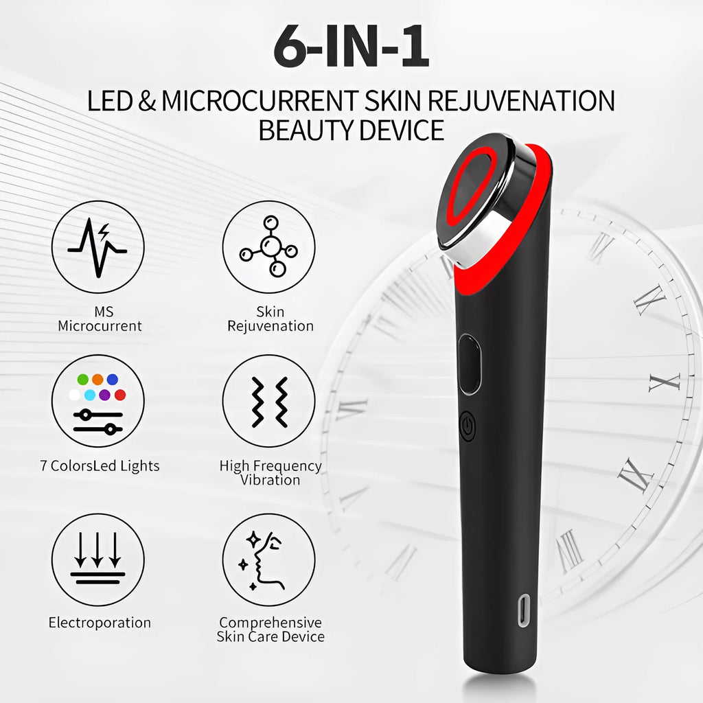 Black rechargeable eye massager with red and blue light therapy on a face