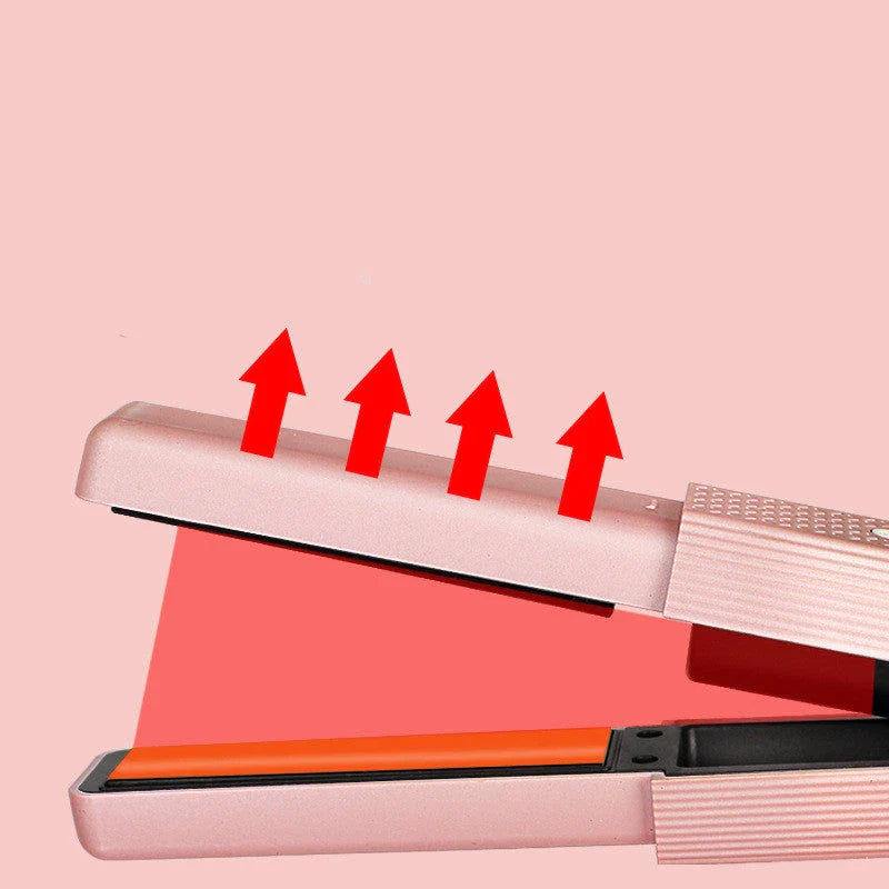 Cordless USB hair straightener in pink and green with ceramic heating technology