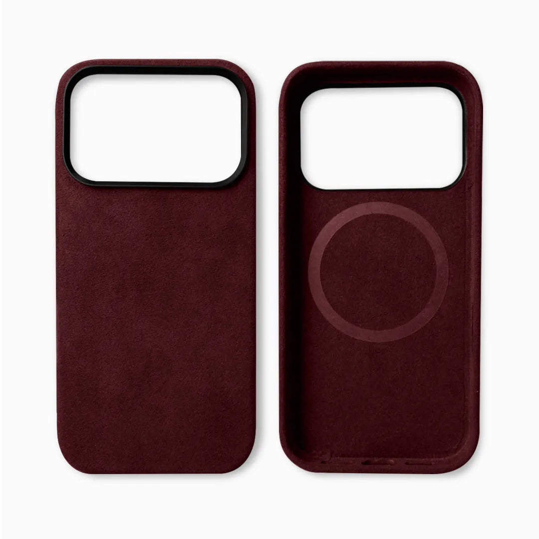 Alcantara magnetic iPhone 17 case in wine red colour showing shockproof protective design
