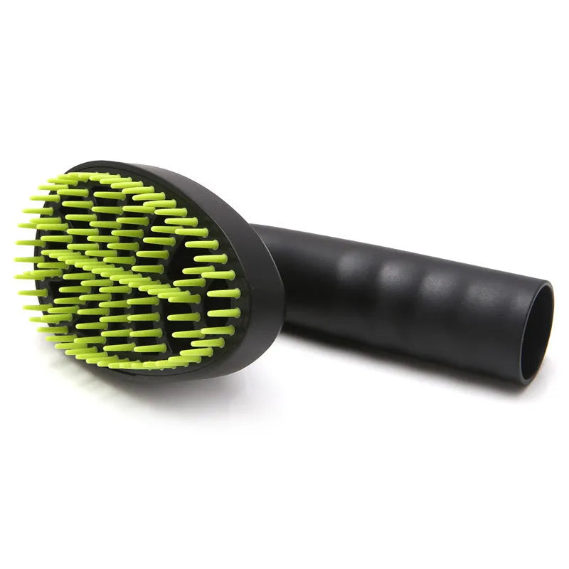 Green and black pet grooming brush vacuum attachment with soft TPE bristles and rotatable head