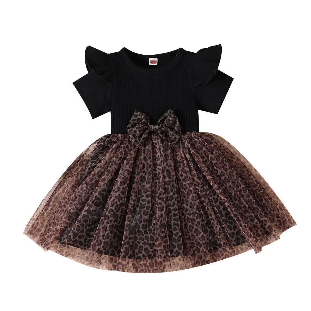 Girls cotton leopard print short sleeve pullover dress with mesh bow detail in black, front view