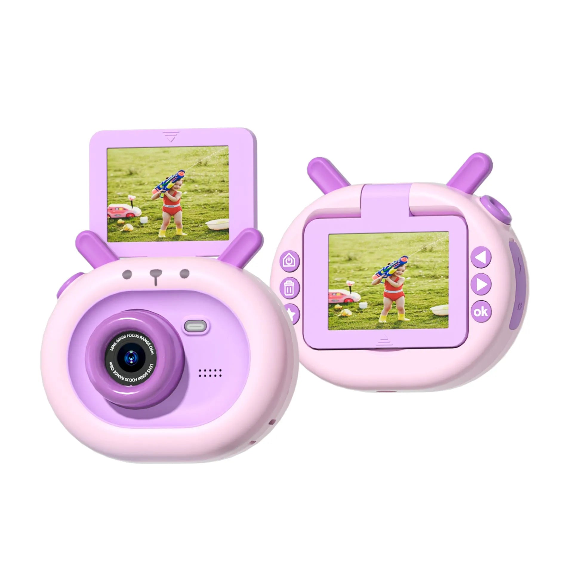 Purple children's digital camera with flip screen, silicone lanyard, and USB cable on a cartoon map.