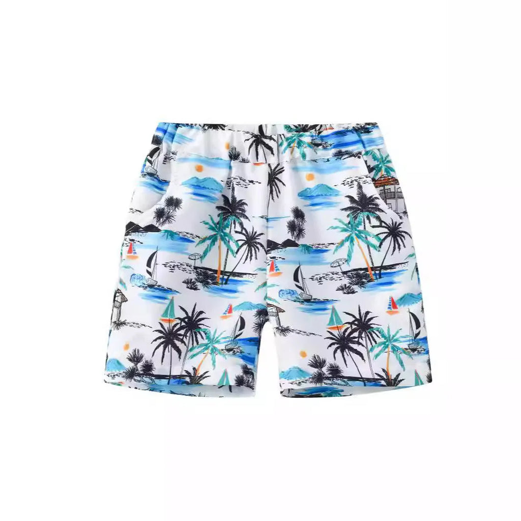 Children's colourful printed beach shorts with hairband belt waistband in coconut tree design