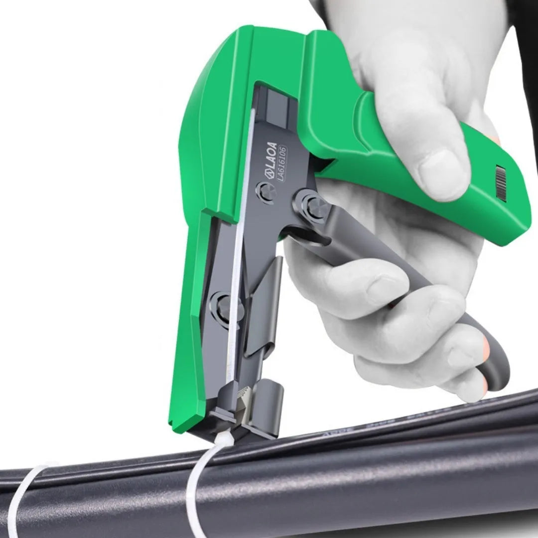 6-inch cable tie gun in green and black with 3-speed tension adjustable mechanism for plastic ties up to 4.8mm