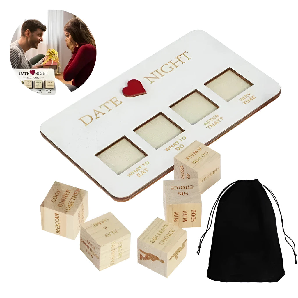 Wooden date night dice game set showing five dice, a rectangular wooden board, and a black fabric storage bag.