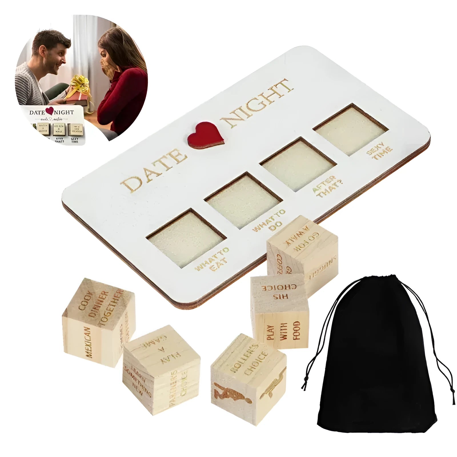 Wooden date night dice game set showing five dice, a rectangular wooden board, and a black fabric storage bag.
