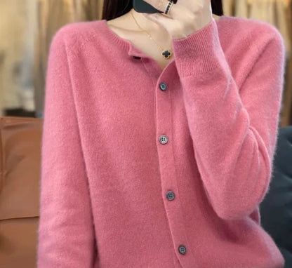 Women's merino wool cardigan in various colours, featuring an O-neck and long sleeves