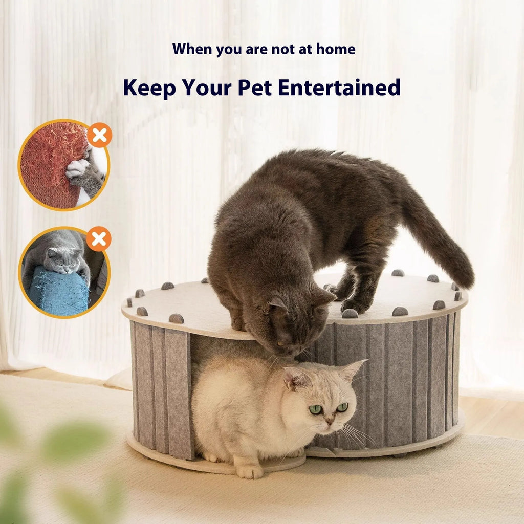 Foldable semi-closed felt cat scratch board nest in camel colour, 58x40x24 cm, on a light background