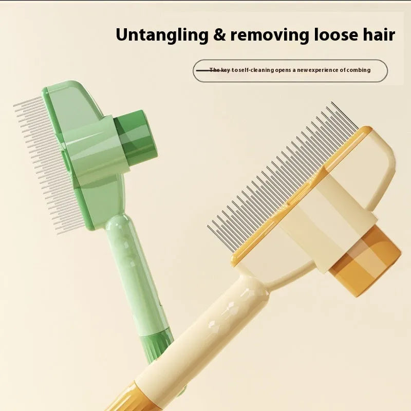 Yellow and green self-cleaning pet comb with stainless steel teeth and release button