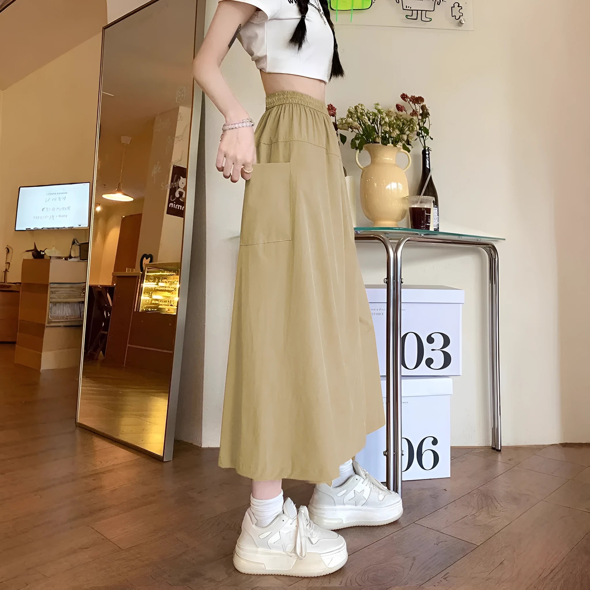 Women's camel-coloured wide-leg skirt with elastic waist in Japanese Korean casual style