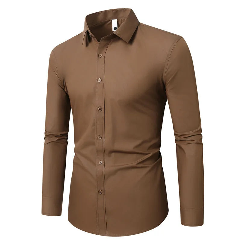 Men's slim fit long sleeve linen shirt in a choice of colours on a hanger.