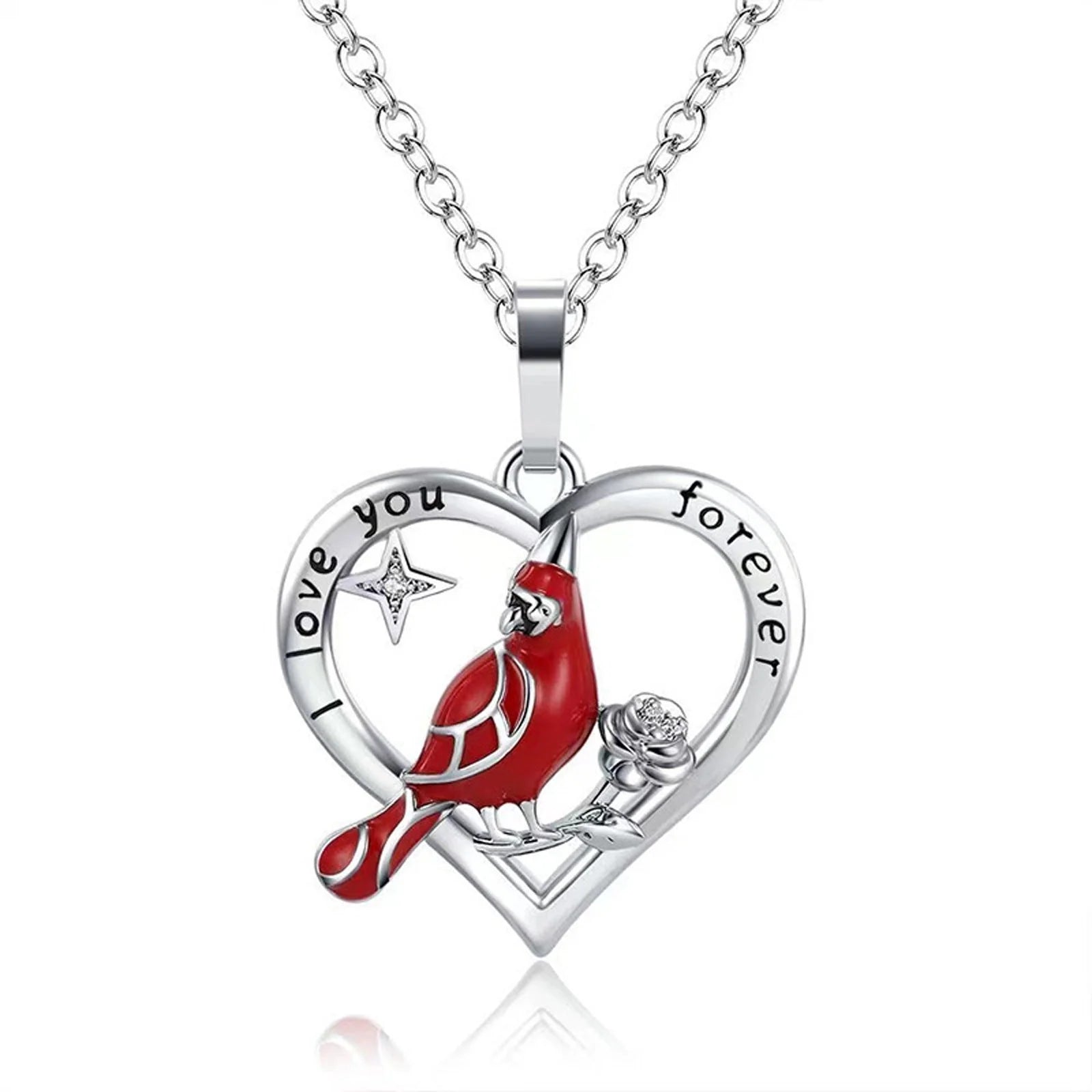 Heart shaped cardinal pendant necklace with silver water wave chain