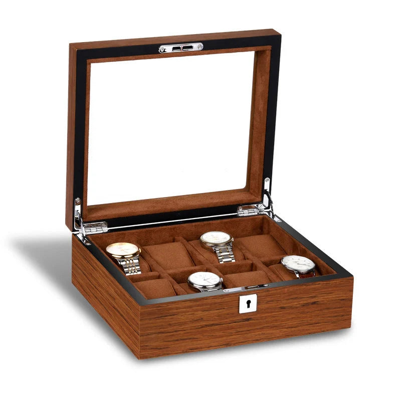 Matte wood grain lock watch storage box with 5 slots, brown finish