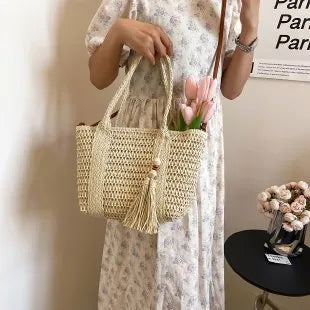Women's straw woven crossbody shoulder bag in milky white or khaki with large capacity