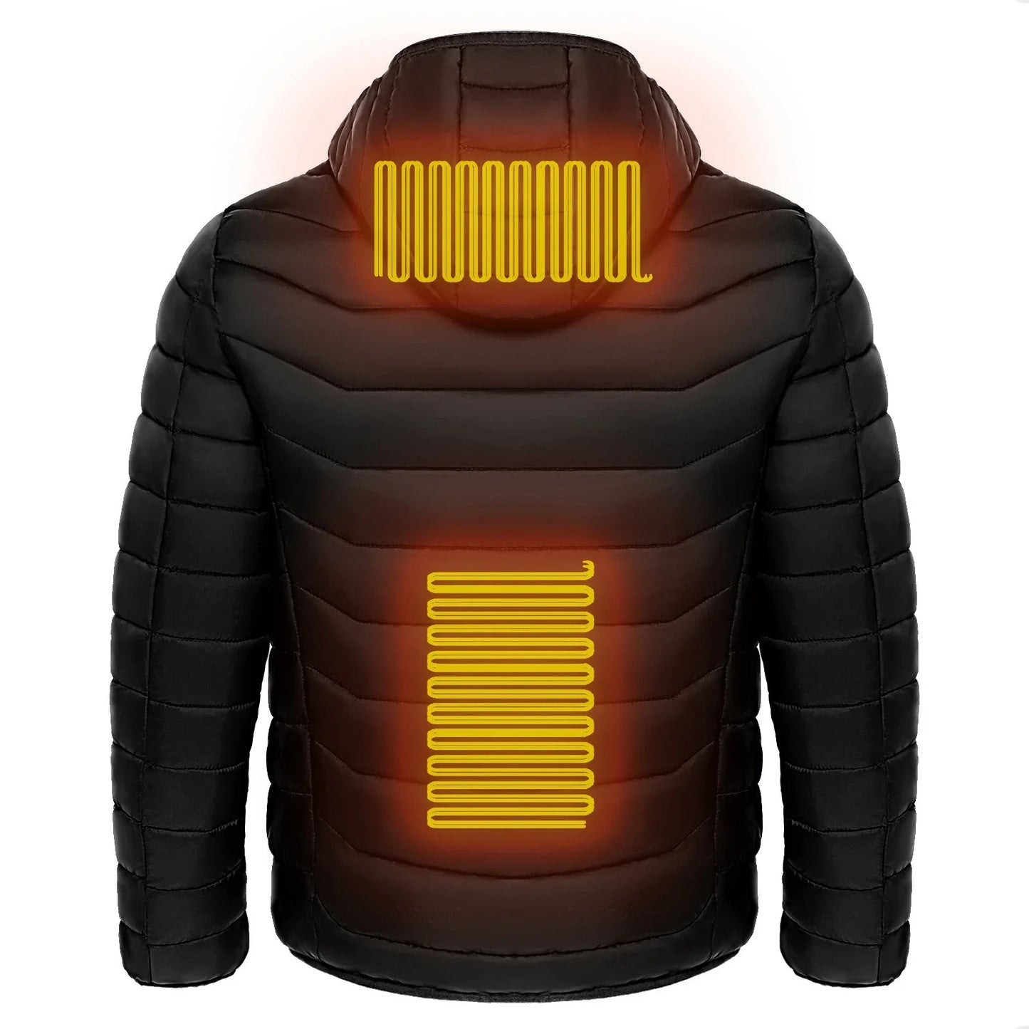 Heated puffer jacket with 9 heating zones, adjustable hood, and insulation for skiing in cold weather