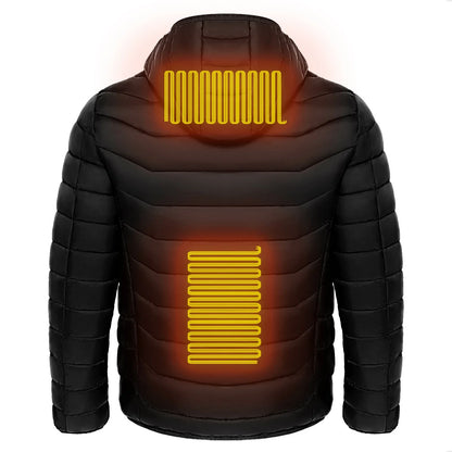 Heated puffer jacket with 9 heating zones, adjustable hood, and insulation for skiing in cold weather