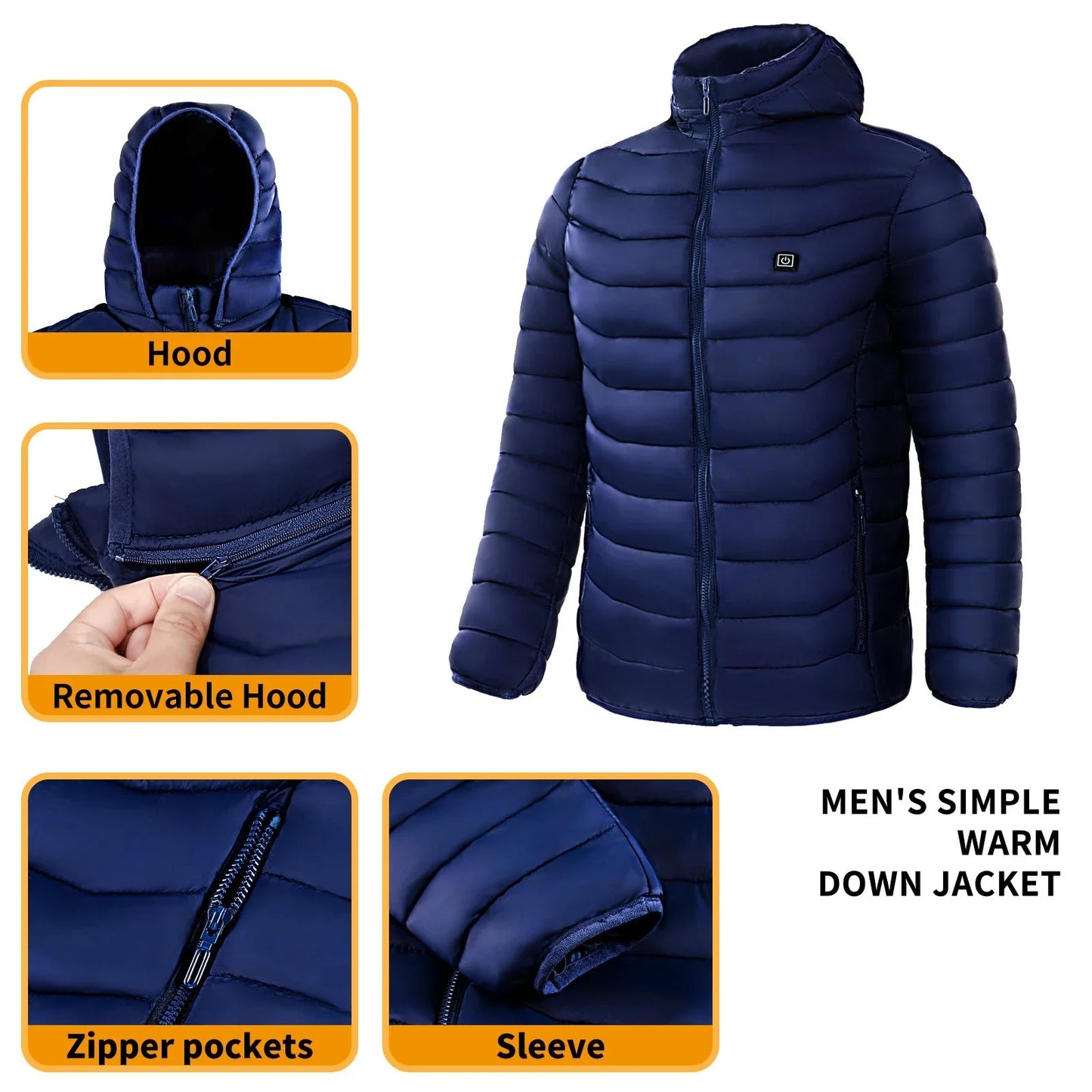 Heated puffer jacket with 9 heating zones, adjustable hood, and insulation for skiing in cold weather