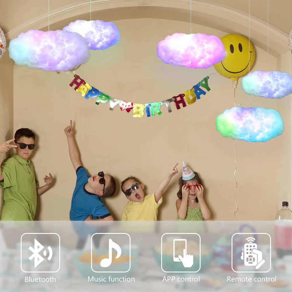 White fabric LED cloud pendant lamp with RGBIC colour changing and lightning simulation effects