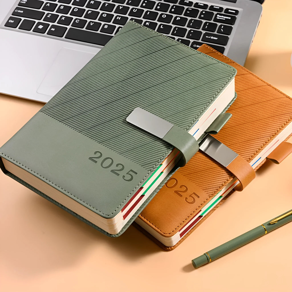A4 business notepad with striped PU leather cover showing eight colour options including Bean Green, Black, and Sapphire Blue