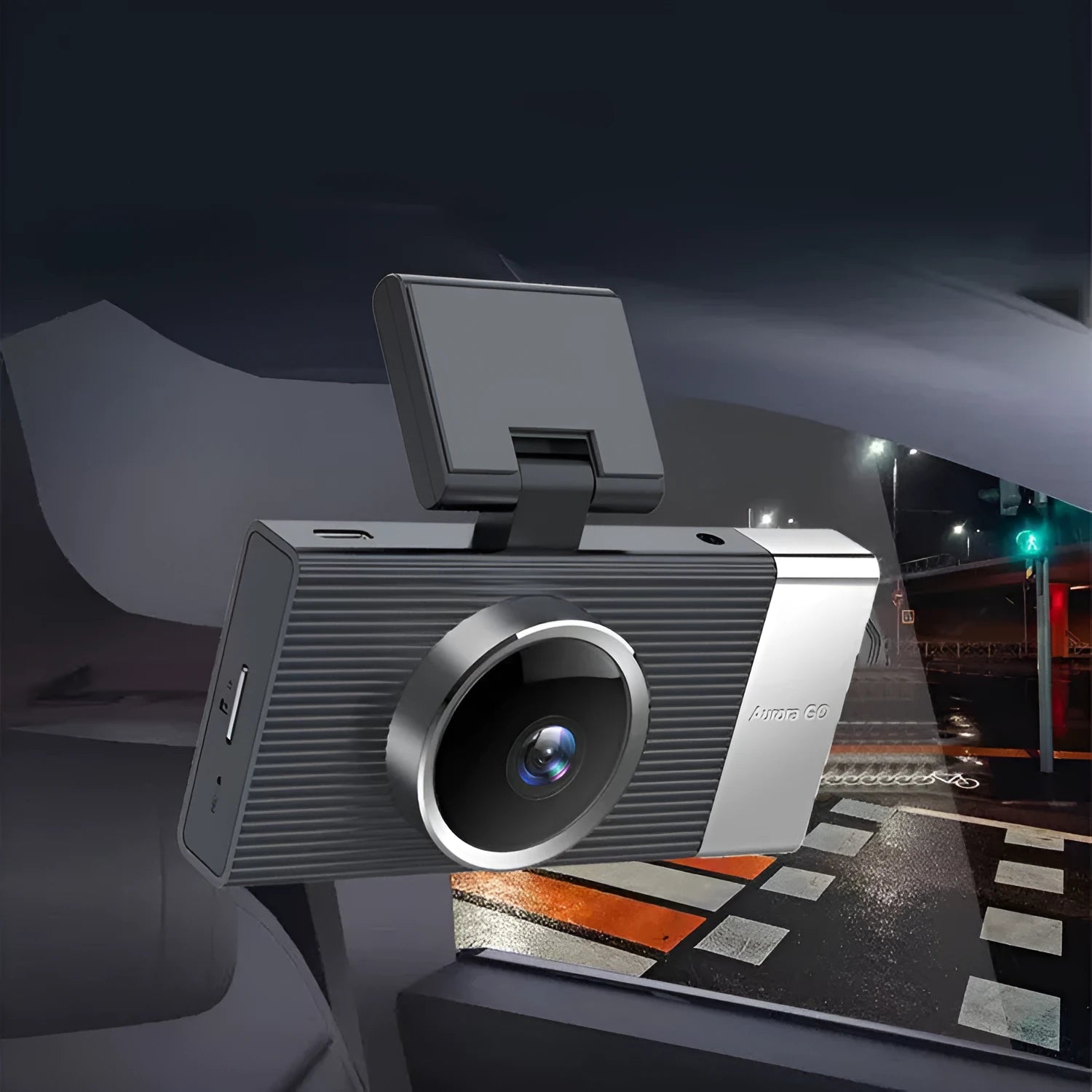 Wi-Fi connected three-lens driving recorder with 3-inch screen on a car dashboard.