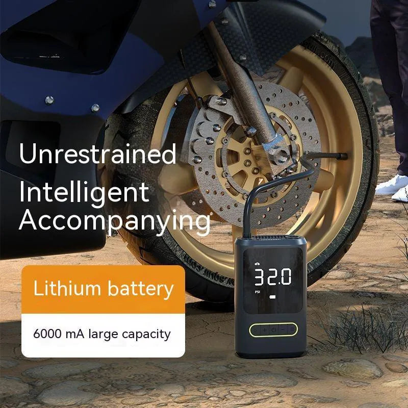 Handheld wireless digital display car tyre inflator with LED light and attached air hose