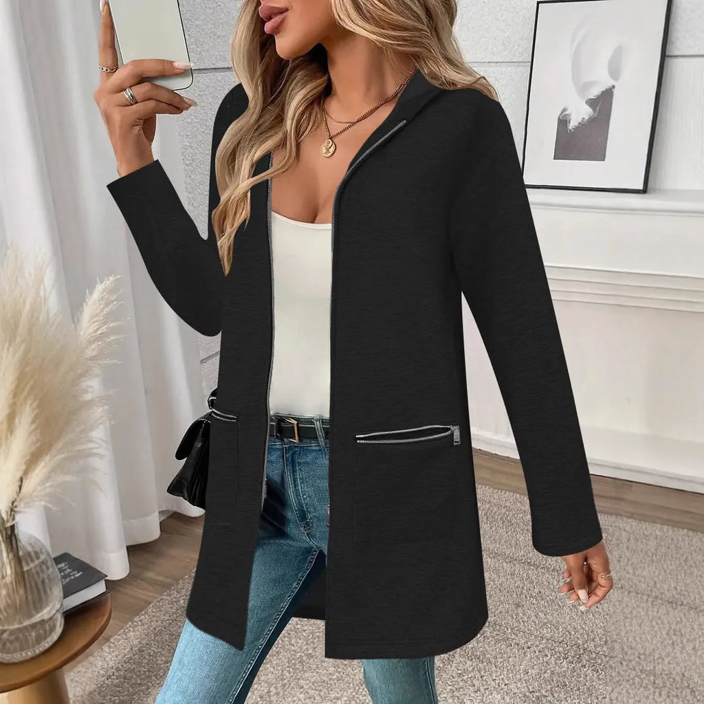 Grey loose fit mid-length women's cardigan coat with front pockets on a hanger.