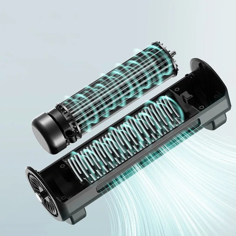 Bladeless car ventilation fan with USB cable in black colour showing compact design