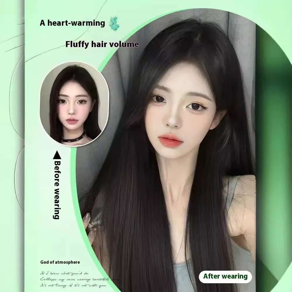 Female full-head wig with forehead lace in brown black colour showing fluffy high-temperature fibre texture
