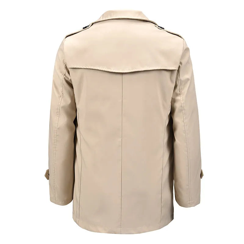 Men's khaki double-breasted casual jacket made of polyester fibre, loose fit, 50cm length, front view
