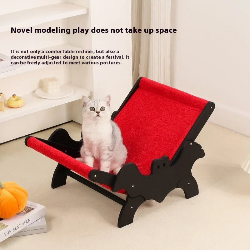 Wooden cat recliner bed with black and red Halloween colour theme