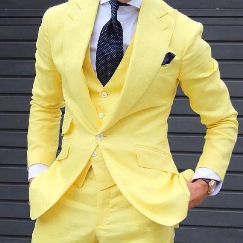 Men's cotton three-piece suit in light business style available in multiple colours including yellow and wine red
