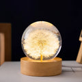 3D dandelion crystal ball desk lamp on beech wood stand, serving as a USB night light.