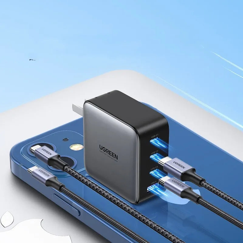 100W Gallium Nitride multi-port fast charger plug on a white background.