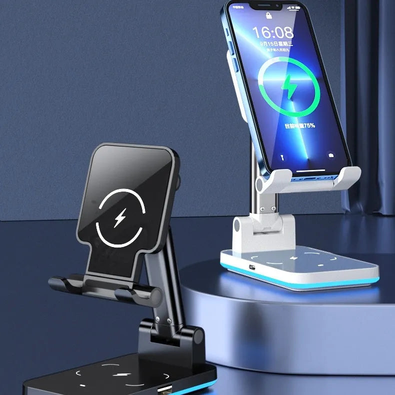 Black desktop wireless charging phone holder standing upright with a mobile phone on it.