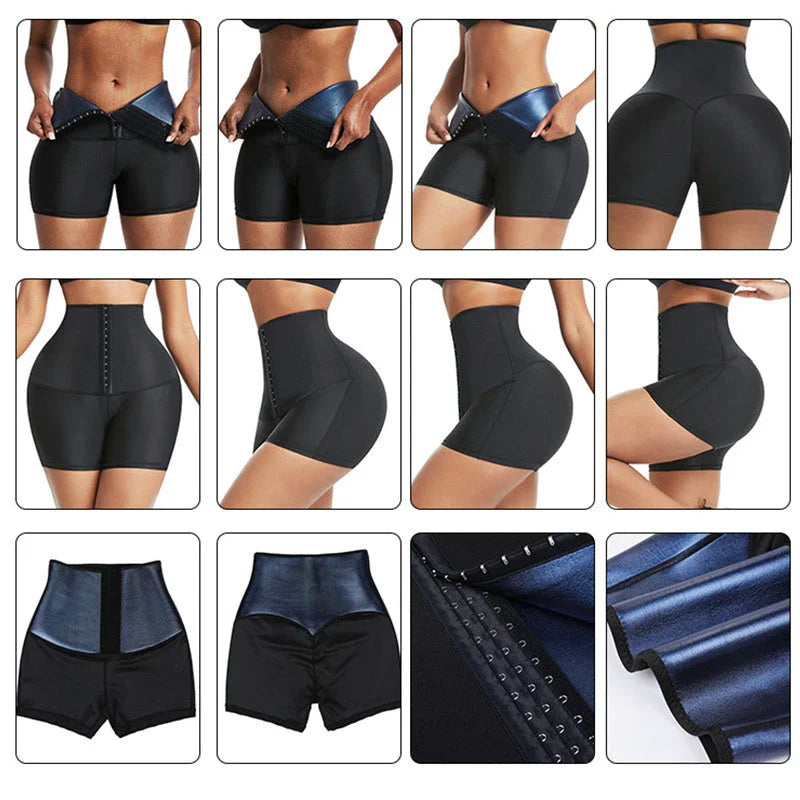 Neoprene slimming pants with waist trainer in silver and blue for fitness and shaping