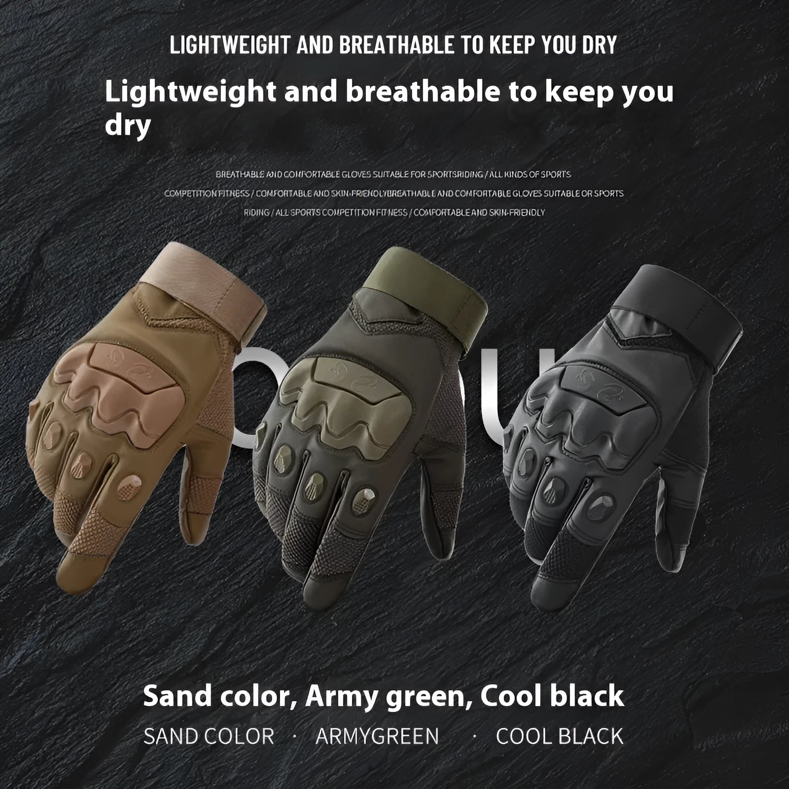Men's black tactical training gloves with full finger design and touch screen-compatible fabric on a solid background.