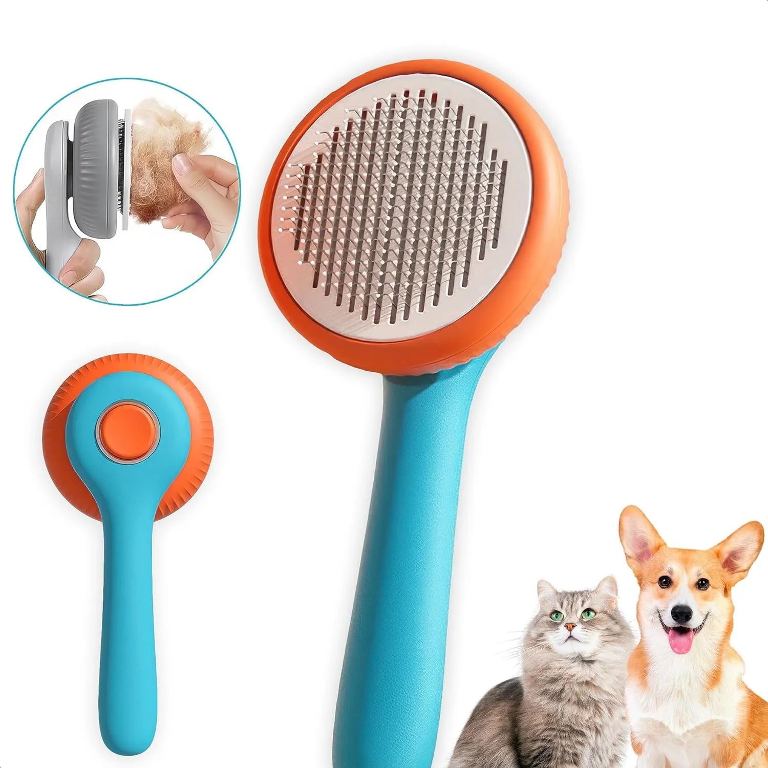 Blue and white self-cleaning pet grooming slicker brush for cats and dogs on a wooden surface.
