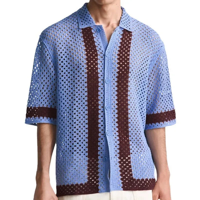 Men's blue hollow knit viscose cardigan with short sleeves and open front, shown on model